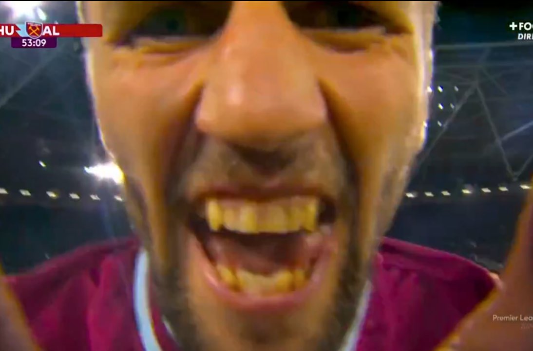 COYIronscom's tweet photo. Tomas Soucek celebrates his goal by making a number 9 gesture and shouts Michail Antonio’s name into the camera 👏⚒️ https://t.co/c8ZnYSUaiH