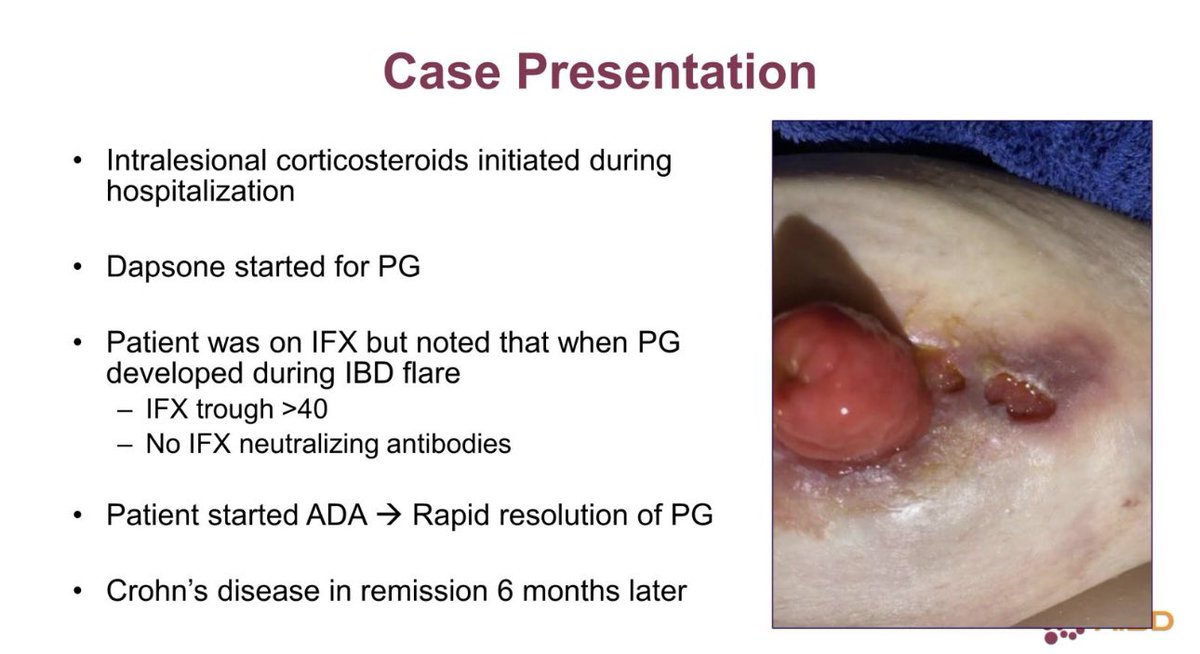Biopsy ulcer edge in pyoderma (despite concern for pathergy) to get H&amp;E and tissue culture to rule out infectious causes, including atypical fungal, mycobacterial
❗️Dx and Tx early for best results 
🔑 reduce acute inflammation, reduce driver (IBD), heal the wound
#AIBD2024