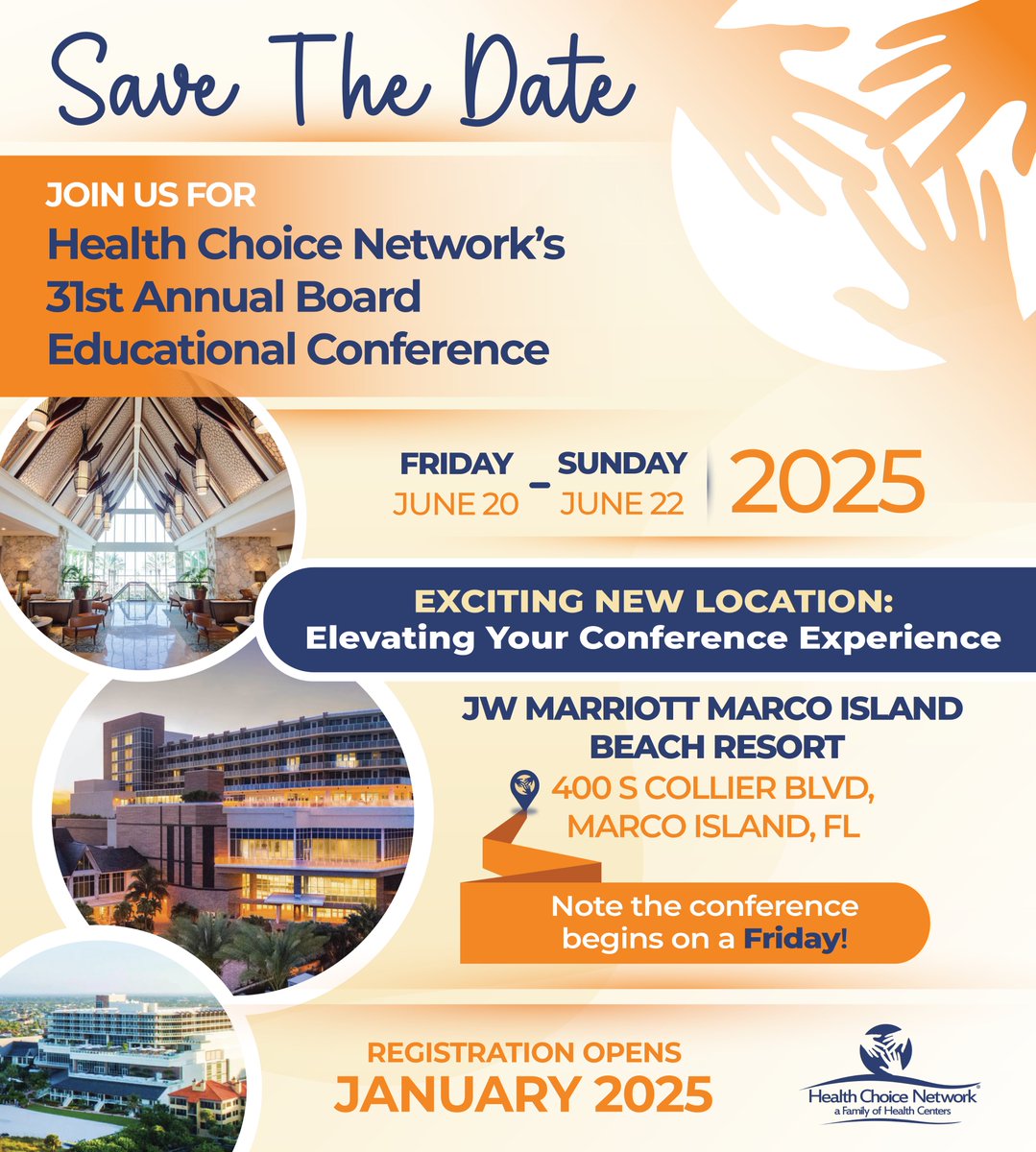 hcnetworkinc's tweet image. SAVE THE DATE! Mark your calendars for HCN&apos;s 31st Annual Board #EducationalConference from June 20-22, 2025. We are elevating the conference experience at an exciting new location: the JW Marriott Marco Island Beach Resort. Stay tuned for more exciting updates and details! #HCN