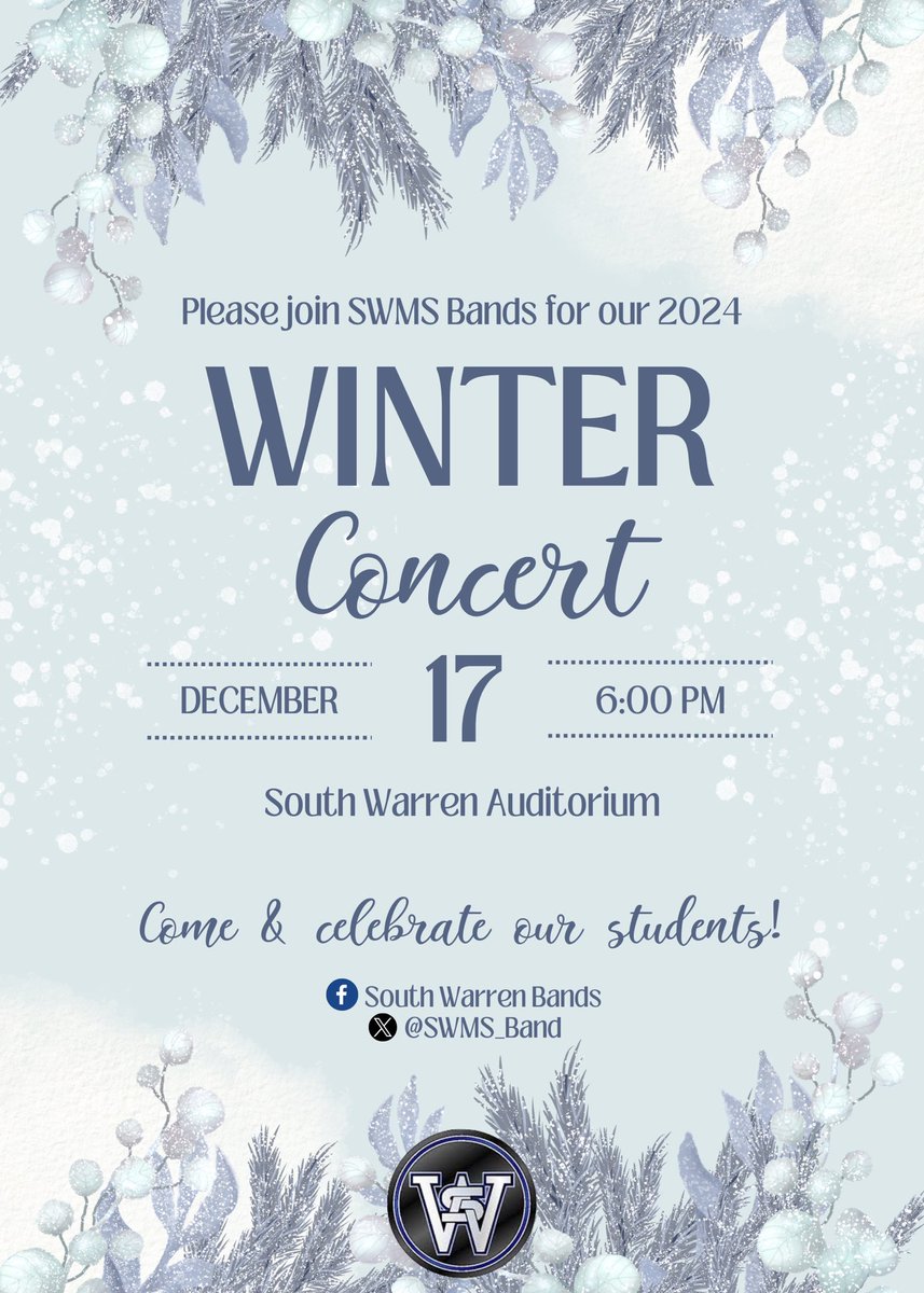 SWMS_Band's tweet image. Come out and support our MS bands at our Winter Concert! Next Tuesday, 6:00 PM. Be there!