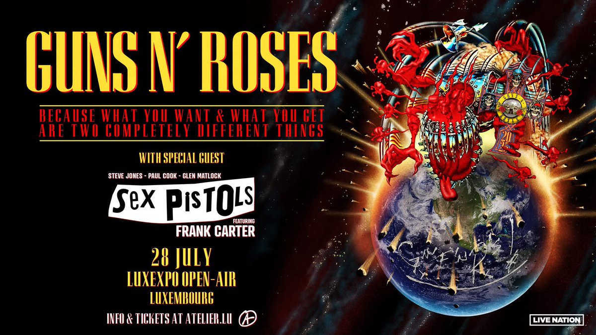 Slash Army (@slasharmy) on Twitter photo For the first time, <a href="/gunsnroses/">Guns N' Roses</a> will play in Luxembourg! The Grand Duchy will become Paradise City!
Welcome to the Jungle, guys!
🔥🔥🔥 For the first time, <a href="/gunsnroses/">Guns N' Roses</a> will play in Luxembourg! The Grand Duchy will become Paradise City!
Welcome to the Jungle, guys!
🔥🔥🔥