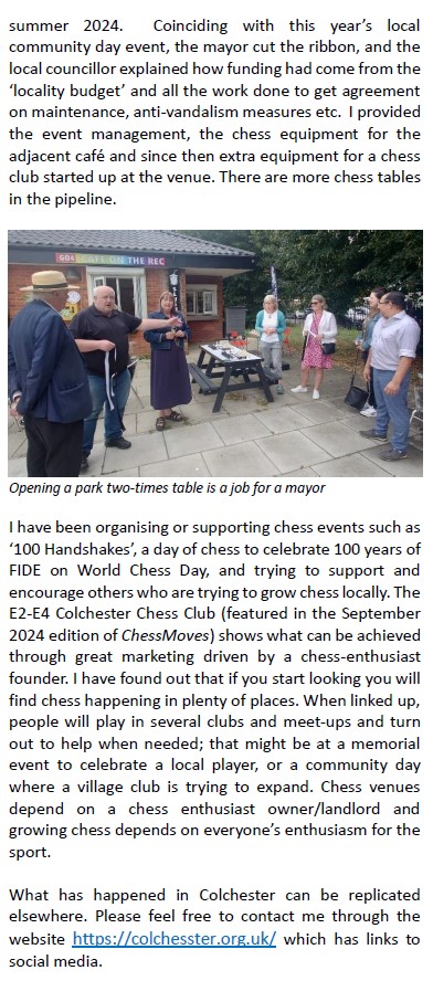 ColCHESSter Chess in Colchester the city of chess (@chessincolter) on Twitter photo The <a href="/ecfchess/">English Chess Federation (ECF)</a> magazine ChessMoves, in November 2024, carried an article summarising the ColCHESSter project. If you want more chess, then replicate this project. colchesster.org.uk #chess #chesspunks #community #colchester The <a href="/ecfchess/">English Chess Federation (ECF)</a> magazine ChessMoves, in November 2024, carried an article summarising the ColCHESSter project. If you want more chess, then replicate this project. colchesster.org.uk #chess #chesspunks #community #colchester