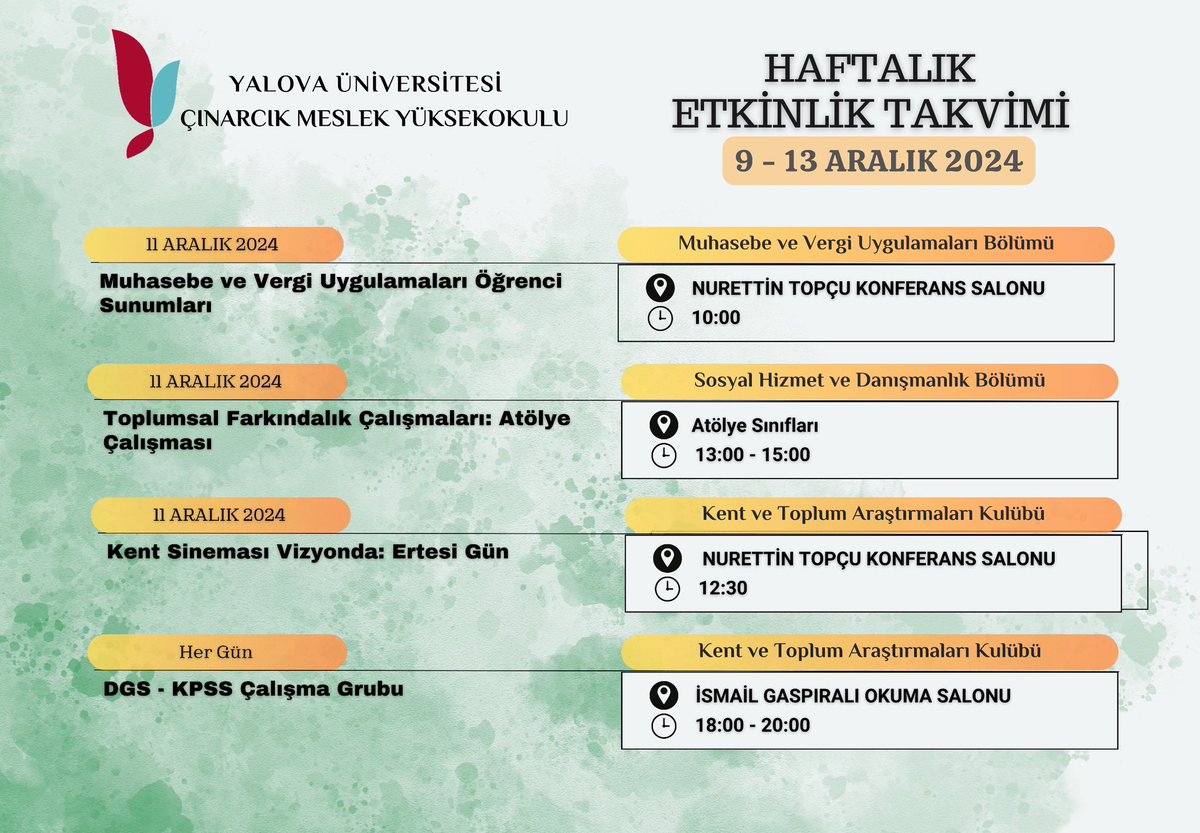 Çınarcık Meslek Yüksekokulu (@yucinarcikmyo) on Twitter photo 📢 **Çınarcık Meslek Yüksekokulu Haftalık Etkinlik Takvimi**
9-13 Aralık 2024 tarihleri arasında dopdolu bir programla sizlerle buluşuyoruz! 🎉
<a href="/universityalova/">Yalova Üniversitesi</a> @mehbah1978 📢 **Çınarcık Meslek Yüksekokulu Haftalık Etkinlik Takvimi**
9-13 Aralık 2024 tarihleri arasında dopdolu bir programla sizlerle buluşuyoruz! 🎉
<a href="/universityalova/">Yalova Üniversitesi</a> @mehbah1978