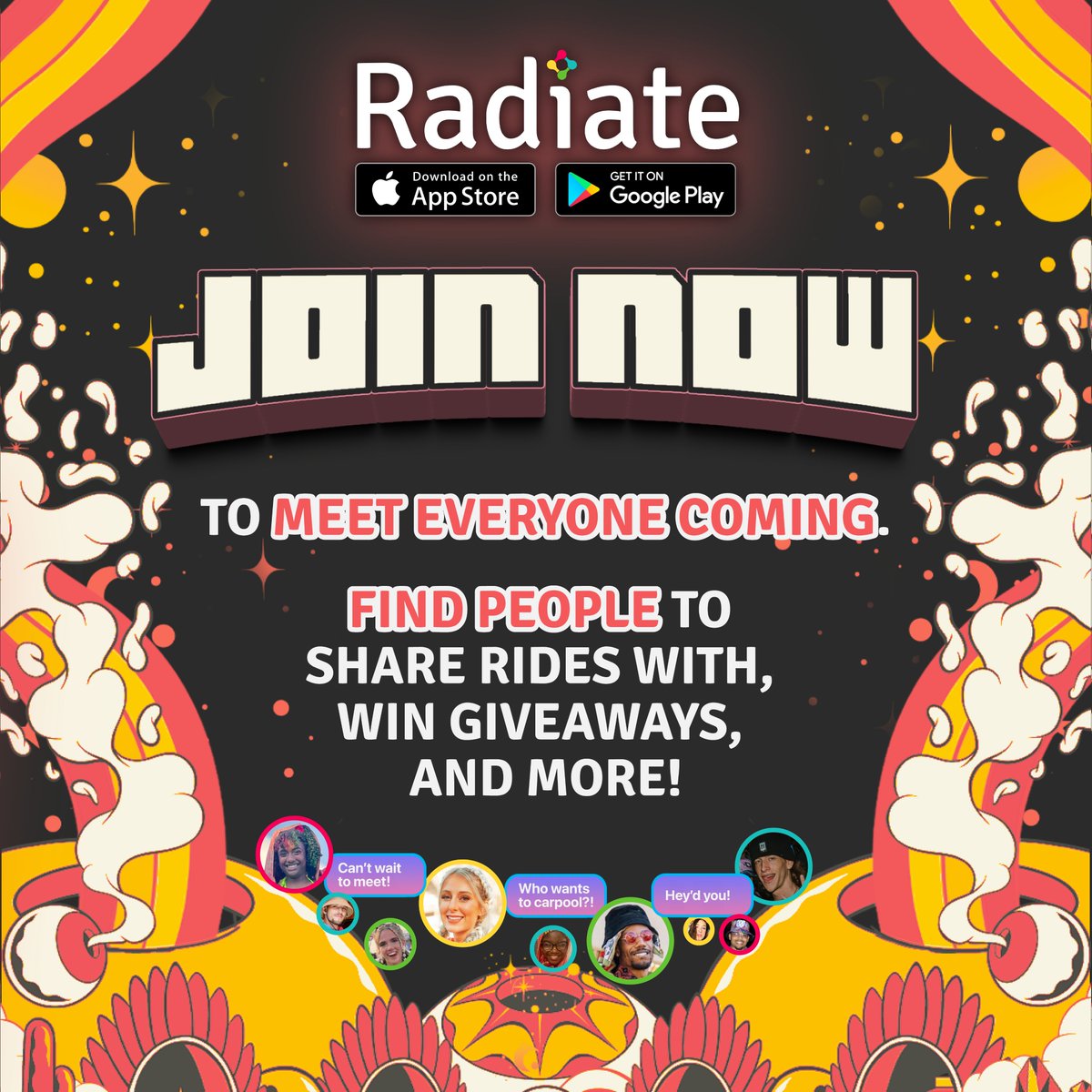 If you’re not on Radiate wyd? not a collab. Download the Radiate App to meet other headbangers going to Radiance! This is very useful for sharing rides, making friends, or finding hotel rooms to split. ✨

Download the app → radiate.app.link/e/Radiance