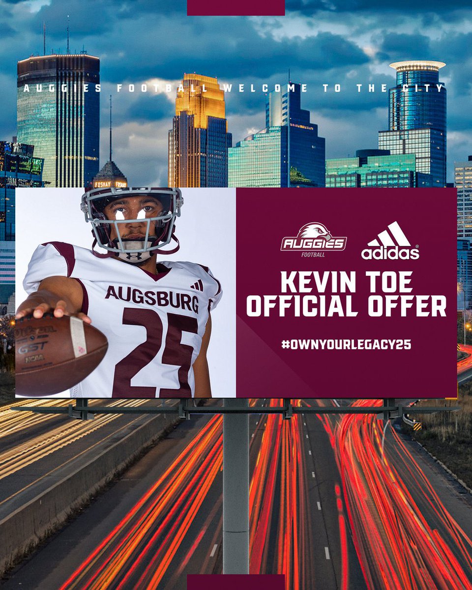 Kevin Toe (@kevintoe6) on Twitter photo I am blessed to announce I have received my first offer from <a href="/Augsburg_FB/">Augsburg Football</a> thank you <a href="/johnson_fallah/">Johnson Fallah</a> <a href="/Coach_JRogers/">Jeff Rogers</a> <a href="/Crimsonfootball/">Crimsonfootball</a> <a href="/spurrlyman/">Adam Spurrell</a> <a href="/PrepRedzoneMN/">Prep Redzone Minnesota</a> <a href="/OJW_Scouting/">PrepRedzone Oliver</a> I am blessed to announce I have received my first offer from <a href="/Augsburg_FB/">Augsburg Football</a> thank you <a href="/johnson_fallah/">Johnson Fallah</a> <a href="/Coach_JRogers/">Jeff Rogers</a> <a href="/Crimsonfootball/">Crimsonfootball</a> <a href="/spurrlyman/">Adam Spurrell</a> <a href="/PrepRedzoneMN/">Prep Redzone Minnesota</a> <a href="/OJW_Scouting/">PrepRedzone Oliver</a>