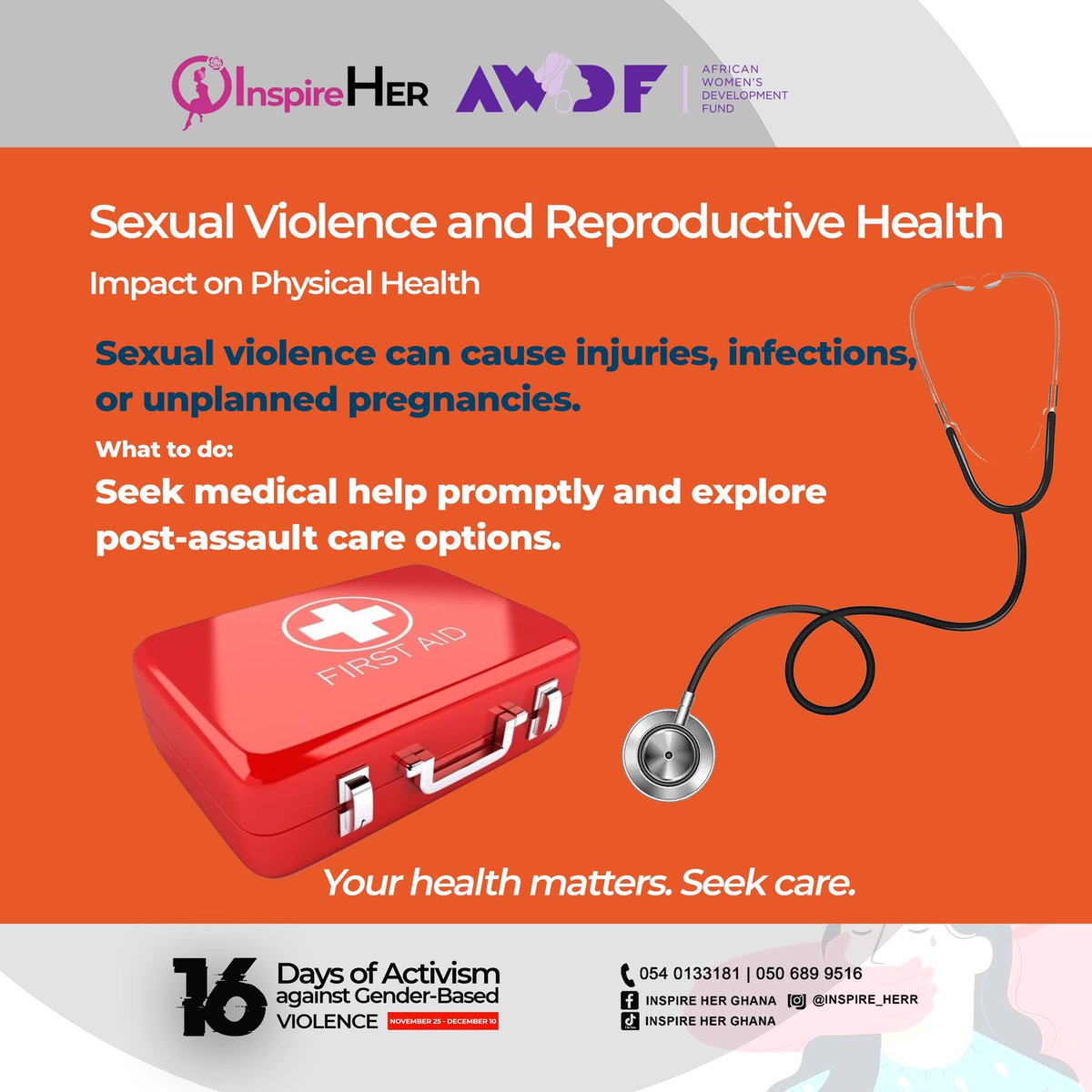 Inspire_herr's tweet photo. Sexual violence doesn’t just harm emotionally—it impacts reproductive health through:
💔 Injuries
🦠 Infections
👶unplanned pregnancy
#inspireher
#AWDF
#16DaysOfActivism #EndViolence #ReproductiveHealth #SpeakOut https://t.co/C2zC6B1dsT