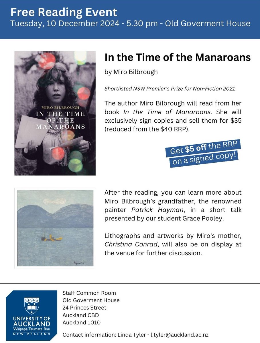 A great free event in Auckland tonight! A free reading by Miro Bilbrough and short talk by Grace Pooley. 5:30 pm at Old Government House.