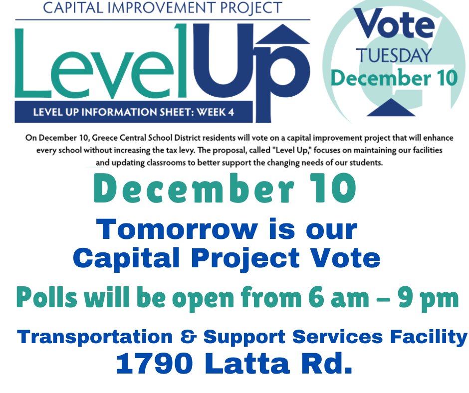 For information about our Level Up Capital Improvement Project Vote visit our website: ny01913679.schoolwires.net/domain/2108