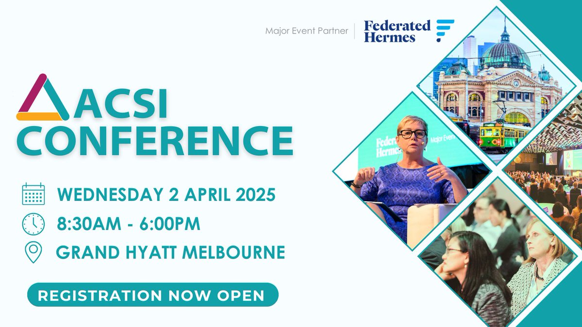 Come together with investors and corporate Australia to focus on ESG issues and explore the challenges in managing climate risk, AI, modern slavery, corporate governance plus more. REGISTER TODAY to develop your knowledge on major ESG challenges bit.ly/49t2EXk
#ACSIConf