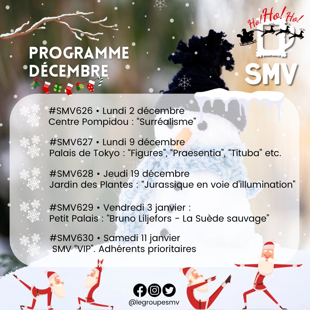 📣 Demandez le programme de décembre ! 
Les événements sont confirmés le week-end précédent la sortie.
En décembre, nous avons filé et nous irons à / au :
📍 <a href="/CentrePompidou/">Centre Pompidou</a> 
📍 <a href="/PalaisdeTokyo/">Palais de Tokyo</a> 
📍 Jardin des plantes 
📍 <a href="/PetitPalais_/">Petit Palais</a> 
#legroupesmv #expos #musees #soifdeculture