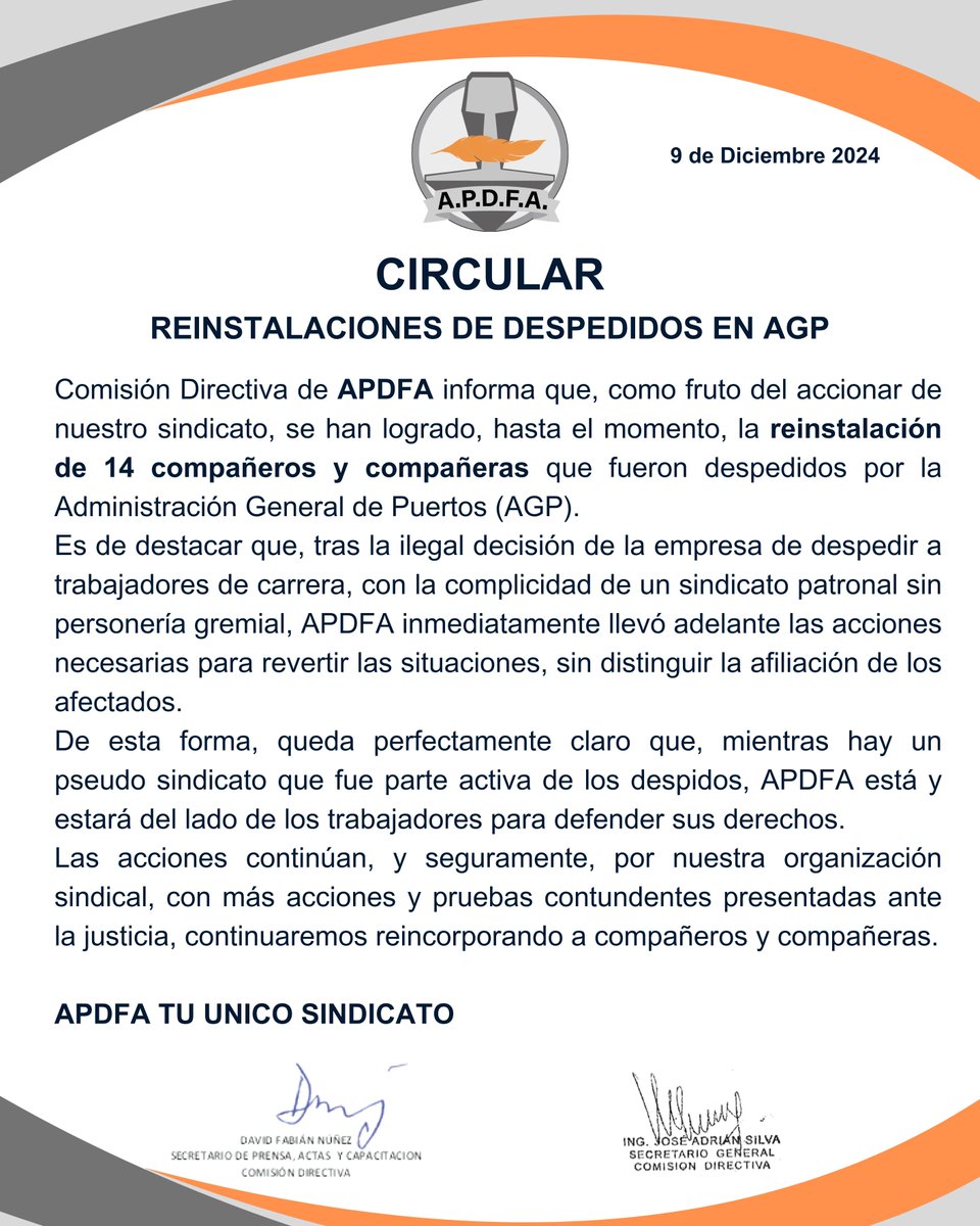 apdfanacional's tweet photo. CIRCULAR
Reinstalación de Despedidos en A.G.P.

@ApdfaAdrian 
@ApdfaListaGris 
@APDFApuertosOK 
@Apdfaturismo 
@JApdfa https://t.co/DdoOcJmBOG