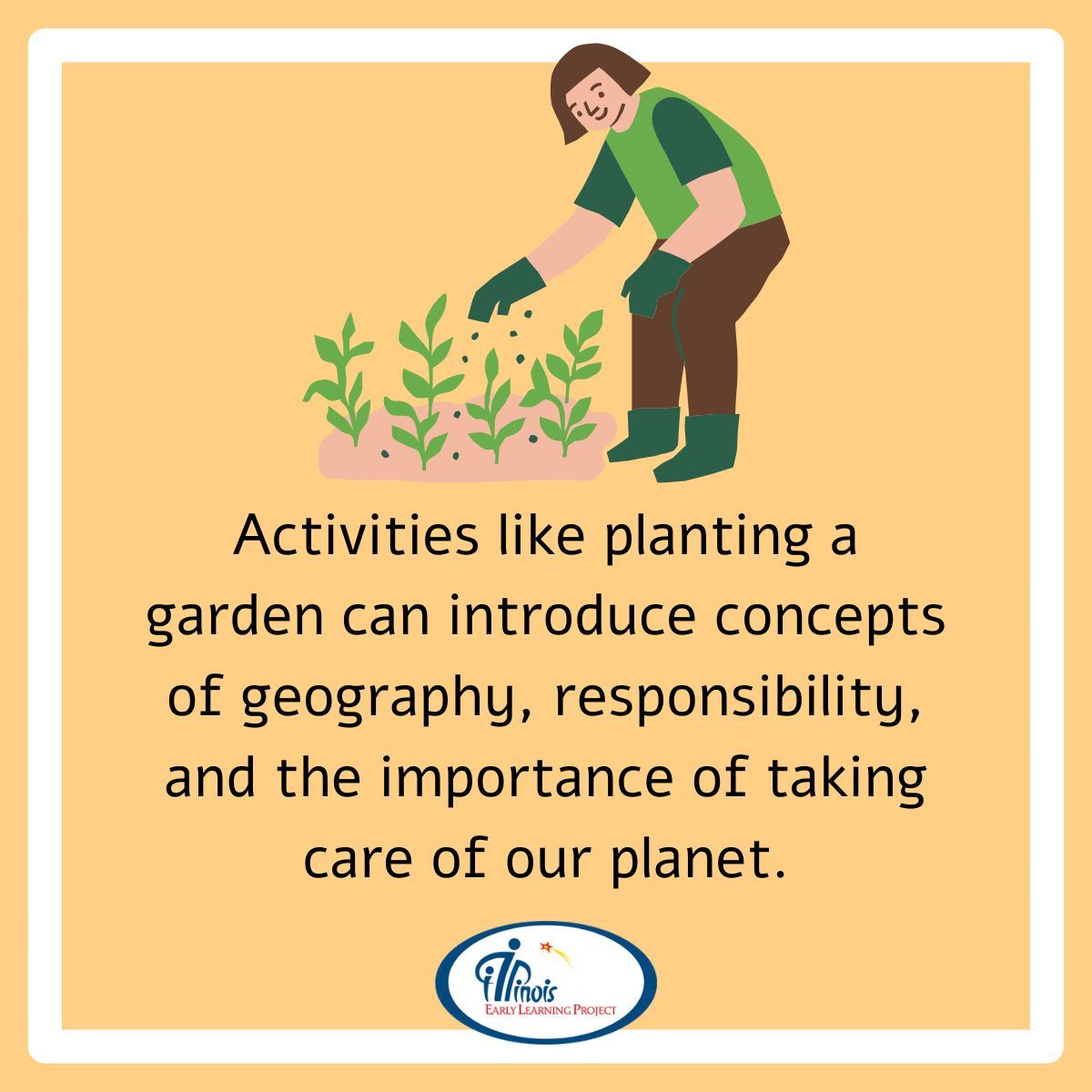 Activities like planting a garden can introduce concepts of geography, responsibility, and the importance of taking care of our planet. 🌱 
#Gardening #IllinoisEarlyLearning