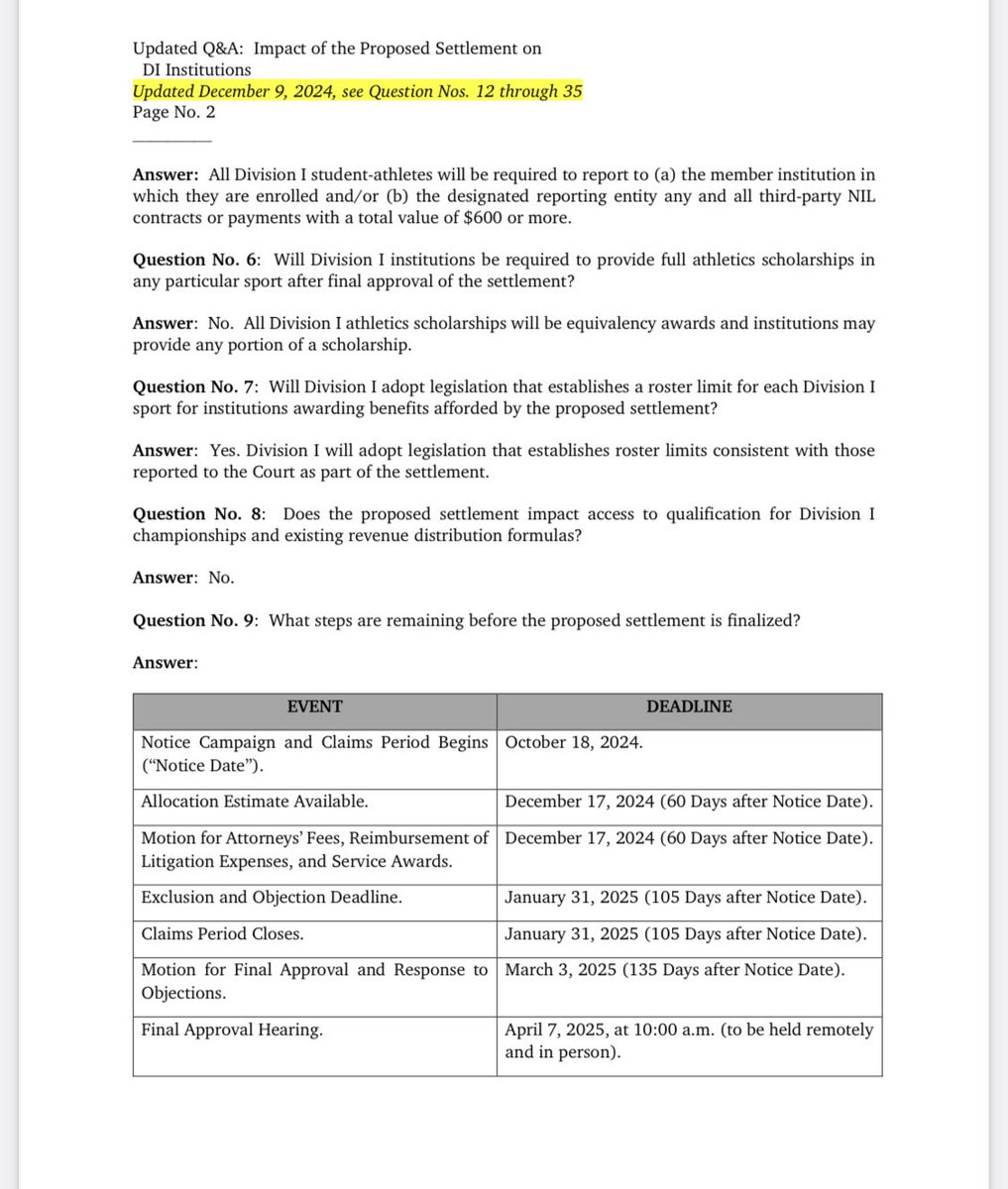 RossDellenger's tweet photo. The NCAA today sent to members a second Q&amp;A related to the House settlement. The 8-page document is intended to be a starting document. More information will be made available at a later date. https://t.co/CSRW3eI8Uu