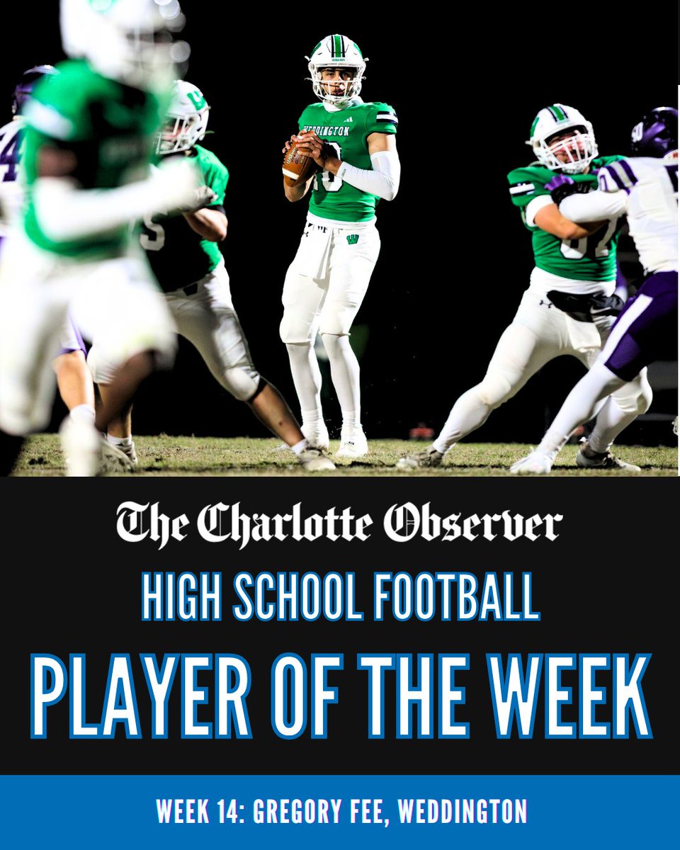 theobserver's tweet photo. The 14th and final Charlotte Observer high school football player of the week for the 2024 season is Weddington QB Gregory Fee.

His story at link below:

https://t.co/1spU4mrgxY https://t.co/2UnMKKpdwp