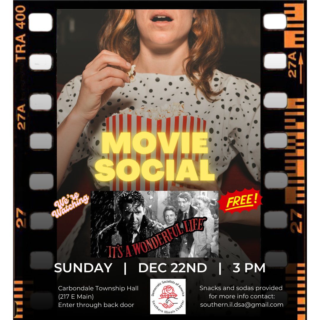 Join us for a screening of It's a Wonderful Life ❄️ on December 22nd from 3-5 pm at the Carbondale Township Hall. Snacks 🍿 and soda will be provided. We hope to see you there! 🎥