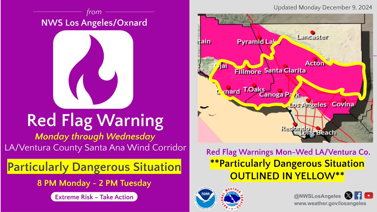 Red Flag Warnings are in effect for much of LA and Ventura Counties, with a PARTICULARY DANGEROUS SITUATION for the #SantaAnaWind corridor starting at 8 pm tonight!

Please follow instructions of local officials, prepare for power outages, and go over your evacuation plan.
