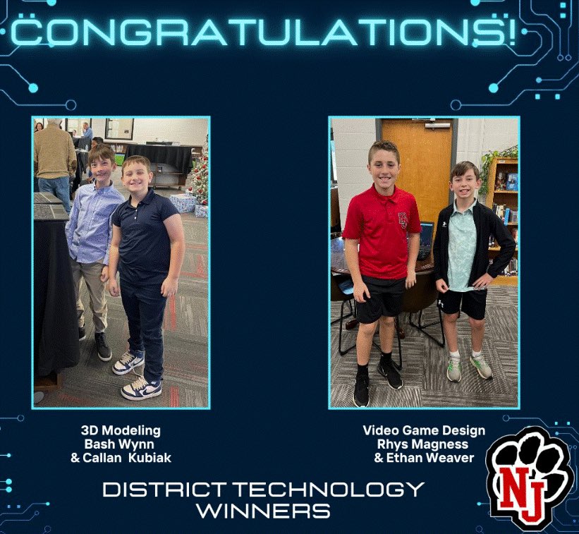 troy_tjohnson's tweet photo. Congratulations to our NJES Technology Team members that finished in first place in our JCSS District Technology Competition! These students will now advance to the regional competition in Winder this January! Go Panthers!
#growingtogetheratnjes https://t.co/IJ2QeBxqJT