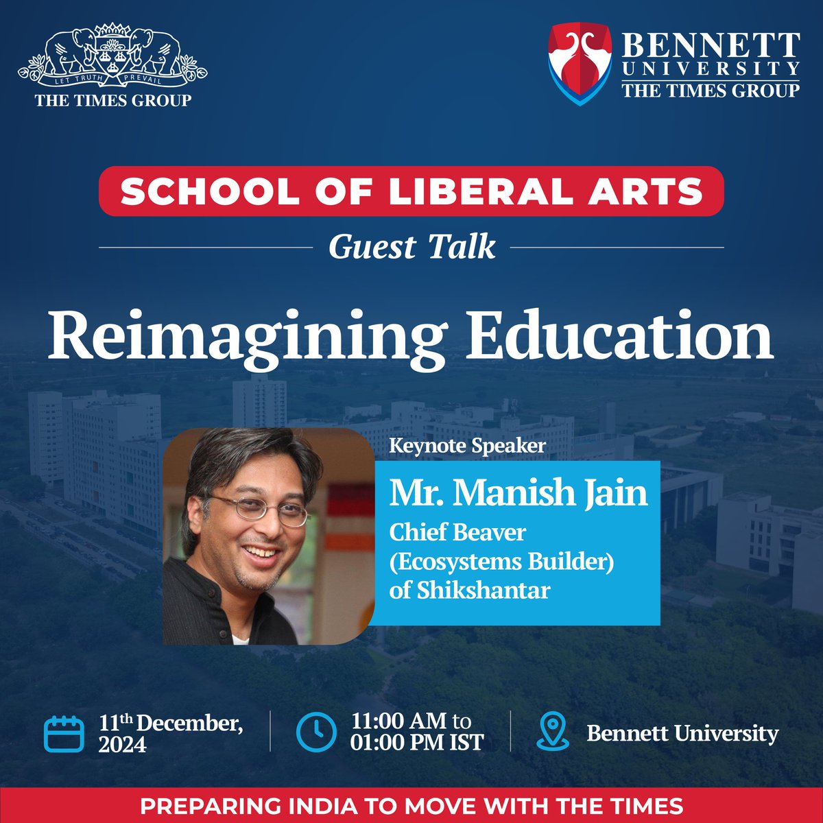 So_LABU's tweet photo. Join us for an engaging Guest Talk on Reimagining Education by Mr Manish Jain, Chief Beaver of Shikshantar, on 11th December 2024, at Bennett University.

📍 Venue: A130, A Block, Bennett University
📅 Date: 11th December 2024
⏰ Time: 11:00 AM - 01:00 PM

#ReimaginingEducation https://t.co/vRPPDFPBqs
