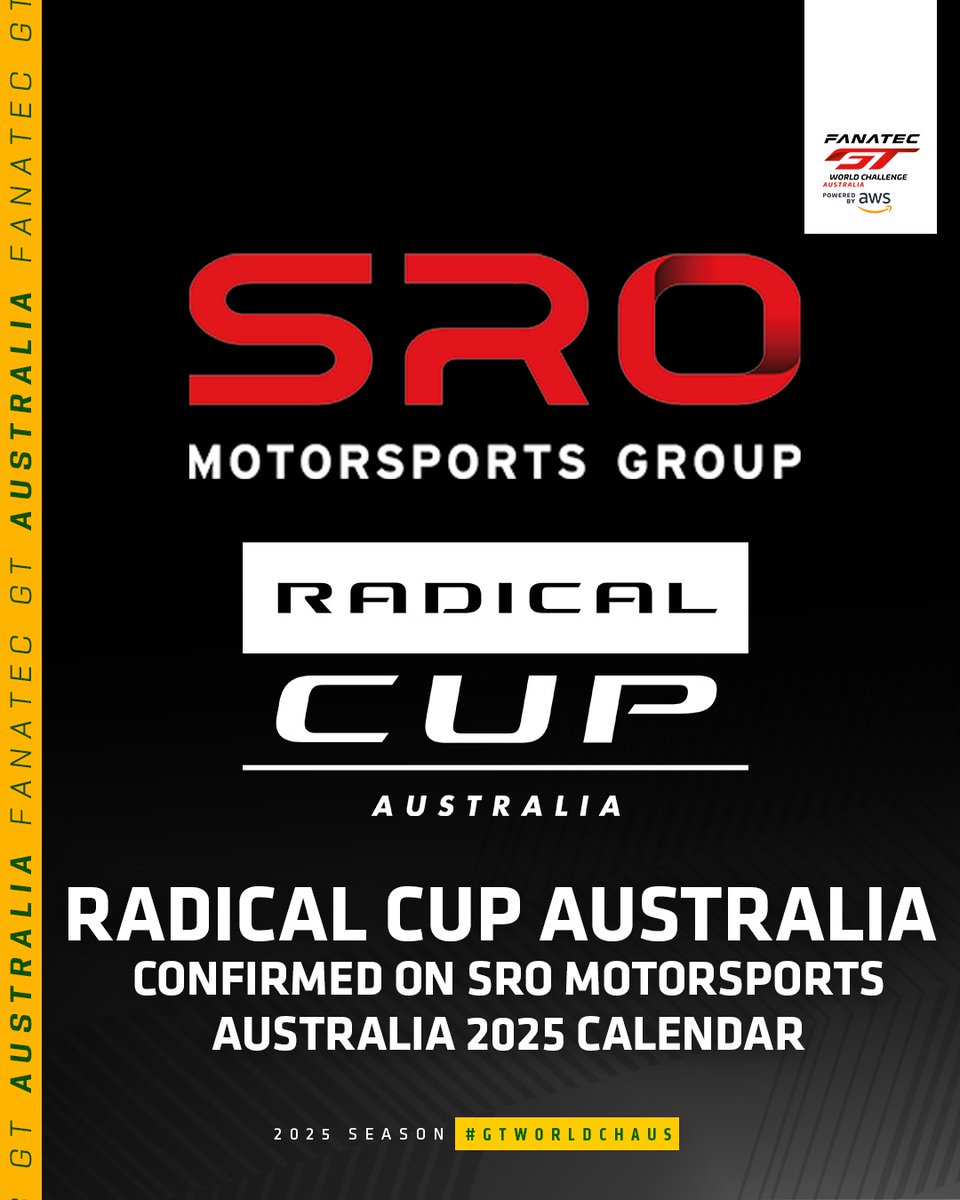 Radical Cup Australia will be at rounds of the SRO Motorsports Australia program in 2025 joining the Ferrari Challenge Australasia as a support category.

NEWS 🗞 gt-world-challenge-australia.com/news/327/radic…

#GTWorldChAus #RadicalCupAus
