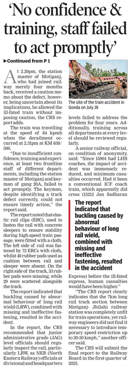 Fault in the rail track was detected on 16 July, 80 &amp; 5 mins b4 the derailment on July 18, but yet people who had responsibility to act on available information did not do anything &amp; let the ill-fated train cruise at 84kmph. The derailment killed 4 passengers.

#IndianRailways