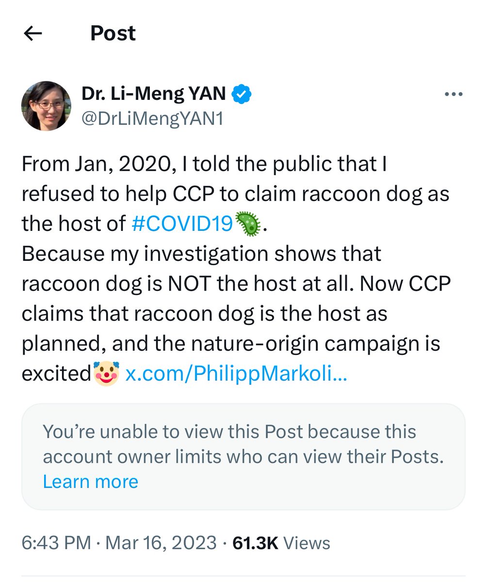 DrLiMengYAN1's tweet photo. After 5 years of Wuhan outbreak, “experts” insisting on nature-origin like Stuart Neil “suddenly” realized that they are “likely” cheated by 🇨🇳 collaborators on #COVID19 origin, including scientific data & analysis 🤥
What a group of USEFUL IDIOTS!
• The recent article by former 🇨🇳 CDC Director George Fu Gao rejects the possibility of raccoon dogs as intermediate hosts in the pandemic. 
• It’s the same point I have repeatedly emphasized since Jan, 19, 2020 via @lude_media.
• The editor of GAO’s paper is my ex-boss Dr. Leo Poon in HKU @world_epidemic. Leo knows that raccoon dogs are NOT #COVID19 hosts because I reported it to him after my investigation on 17 Jan, 2020. Sadly, he is a natural-origin elite.
• Similar to raccoon-dog narrative, the other “evidence” on nature-origin of #COVID19 is also baseless and falsified.
• Now, Xi Jinping and his followers are busy with alternative narratives to blame 🇺🇸 for #COVID19 origin!
#UnrestrictedBioweapon 
▶️The new article by GAO
https://t.co/FYSLxObT7U