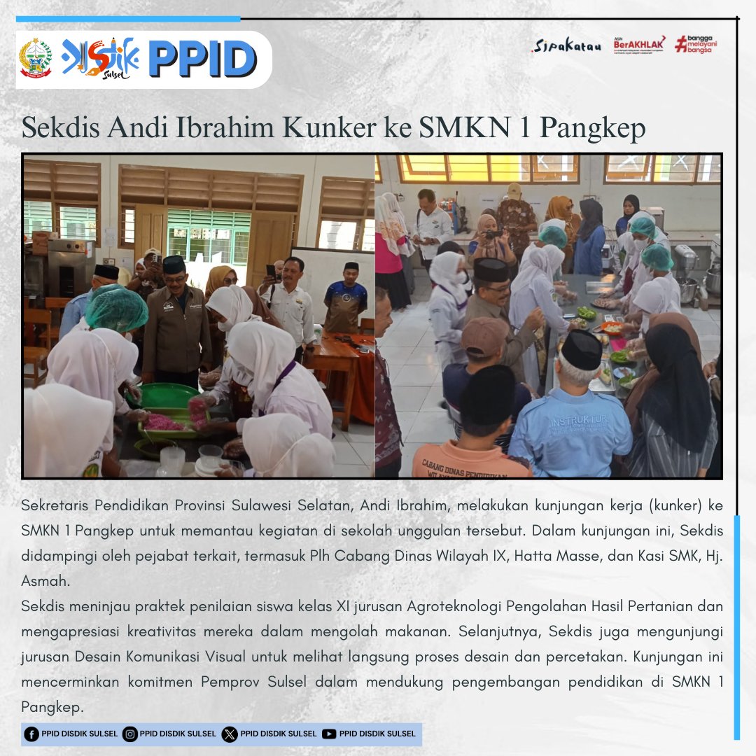 ppid_disdik's tweet photo. Sekretaris Pendidikan Provinsi Sulawesi Selatan, Andi Ibrahim, melakukan kunjungan kerja (kunker) ke SMKN 1 Pangkep untuk memantau kegiatan di sekolah unggulan tersebut. 

 baca selengkapnya >> https://t.co/x9pFW57Bb4

#ppiddisdiksulsel #ppidsulsel #sulselprov https://t.co/bbkgyrTJlX