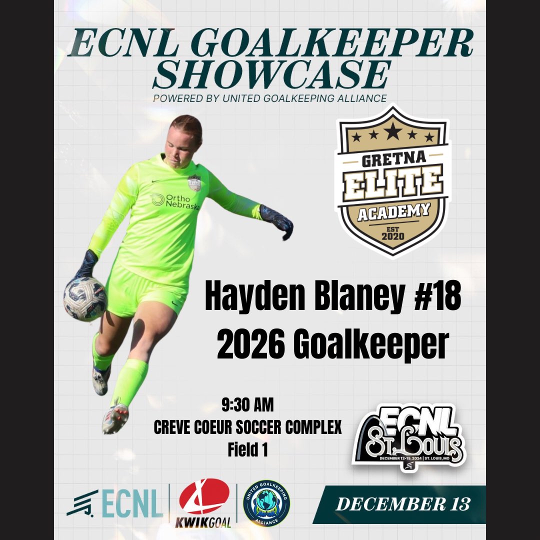 In addition to my games at #ECNLSTL, I will be in the <a href="/ugkalliance/">@unitedgkalliance</a> keeper showcase! Come and check it out Friday at 9:30! <a href="/ImYouthSoccer/">ECNL/GA/Recruiting/College Soccer</a> <a href="/Gretna08ECNL/">GEA 08G ECNL</a> <a href="/ECNLgirls/">ECNL Girls</a> <a href="/GEA_ECNL/">Gretna Elite Academy ECNL</a> <a href="/TopDrawerSoccer/">TopDrawerSoccer</a> <a href="/JonBrezenski/">Jon Brezenski</a> <a href="/SunDevilSoccer/">Sun Devil Soccer</a> <a href="/GCU_WSoccer/">GCU Women's Soccer</a> <a href="/GamecockWSoccer/">South Carolina Women’s Soccer</a> <a href="/GatorsSoccer/">Gators Soccer</a> <a href="/HuskerSoccer/">Nebraska Soccer</a>