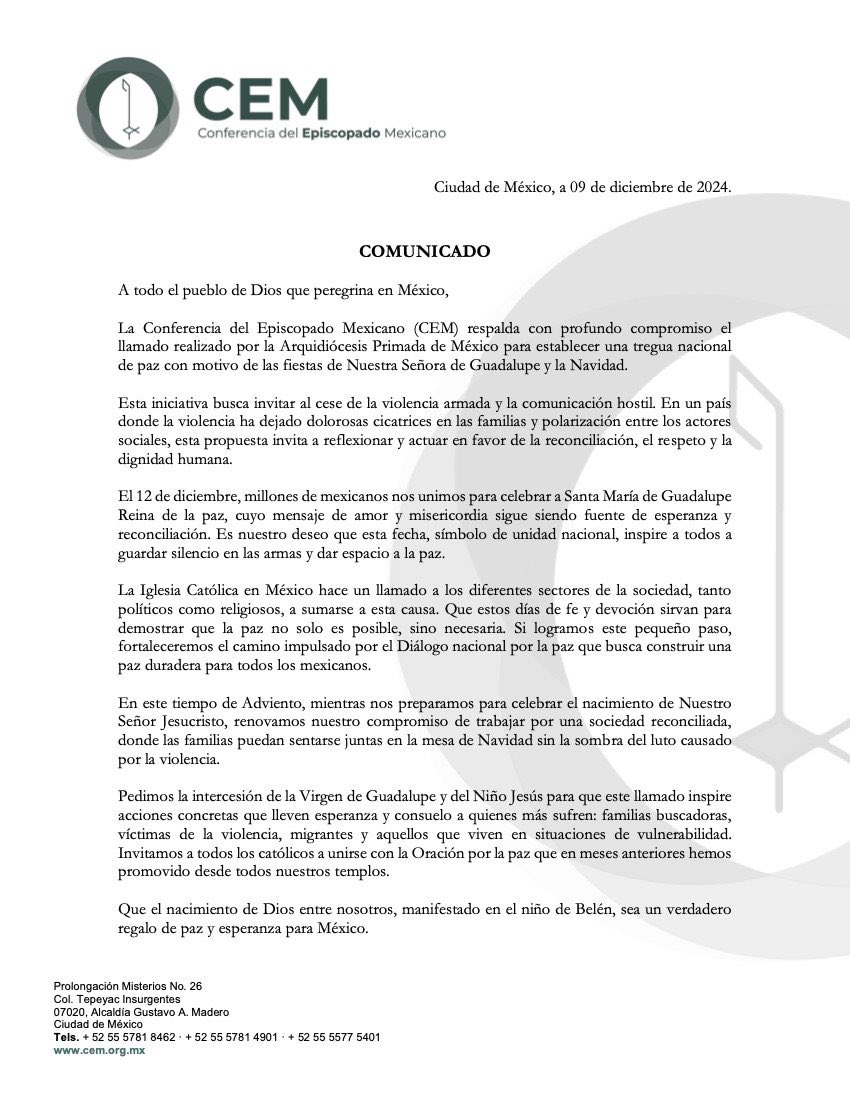 ✝️🚨 ¡TREGUA NACIONAL DE PAZ! 🙏La Conferencia del Episcopado Mexicano respalda el llamado de la Arquidiócesis para una tregua de paz del 12 al 25 de diciembre. ¿Será suficiente para frenar la violencia que azota al país? 💔🌐

 🚨Un gesto de fe en un México herido por la