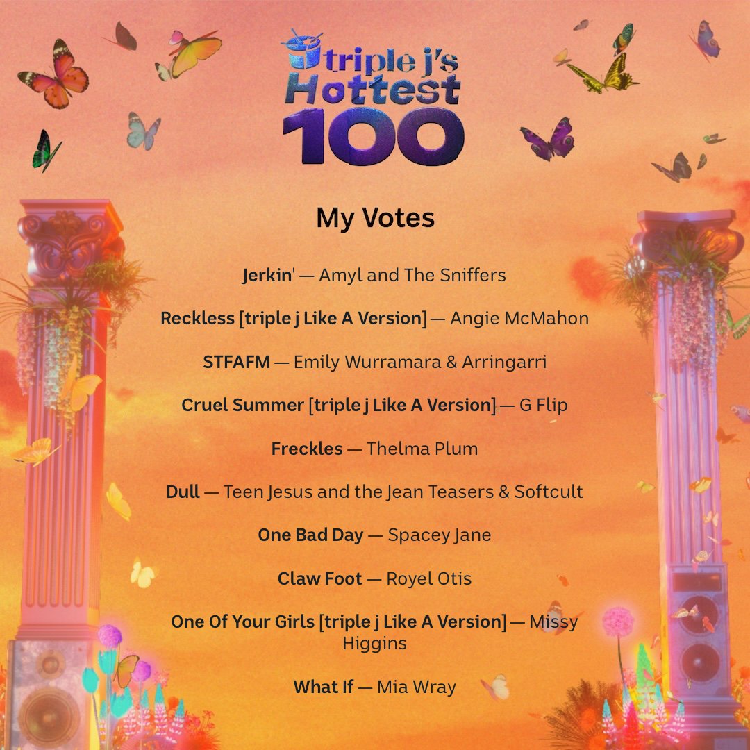 Voting for <a href="/triplej/">triple j</a>'s Hottest 100 has just opened up, and I’d love if you could vote for my cover <a href="/troyesivan/">👼🏼</a>'s ‘One Of Your Girls’ for #likeaversion! 

Here are my top 10 picks (narrowing it down to 10 was bloody hard)!! Get your votes in here: hottest100.abc.net.au