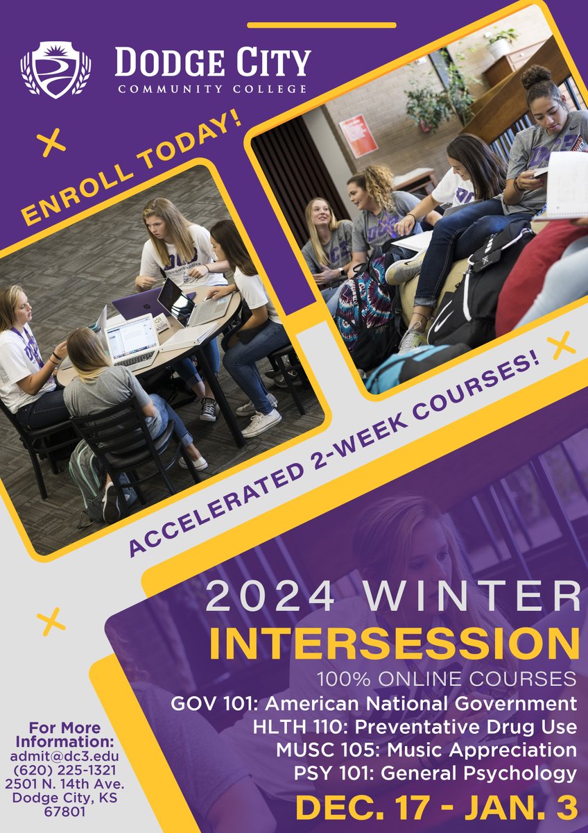 DodgeCityCC's tweet photo. Winter Intersession starts soon! Try out these online courses! Not to mention they're 2-week accelerated courses. Enroll today! #ConqNation https://t.co/jTPy55myJ9