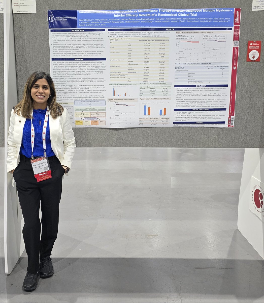 sridevirajeeve's tweet image. #ASH24 📊: Daratumumab vs lenalidomide maintenance in NDMM TE+TI, 1:1 randomized IIT @MSKCancerCenter.
n=87 (39 dara, 38 len). Similar (numerically ⬆️) 12mPFS, 24mPFS, >=CR & MRD- rates with fewer drug discontinuation on dara arm. 66% prior dara exposure. @UrviShahMD @szusmani