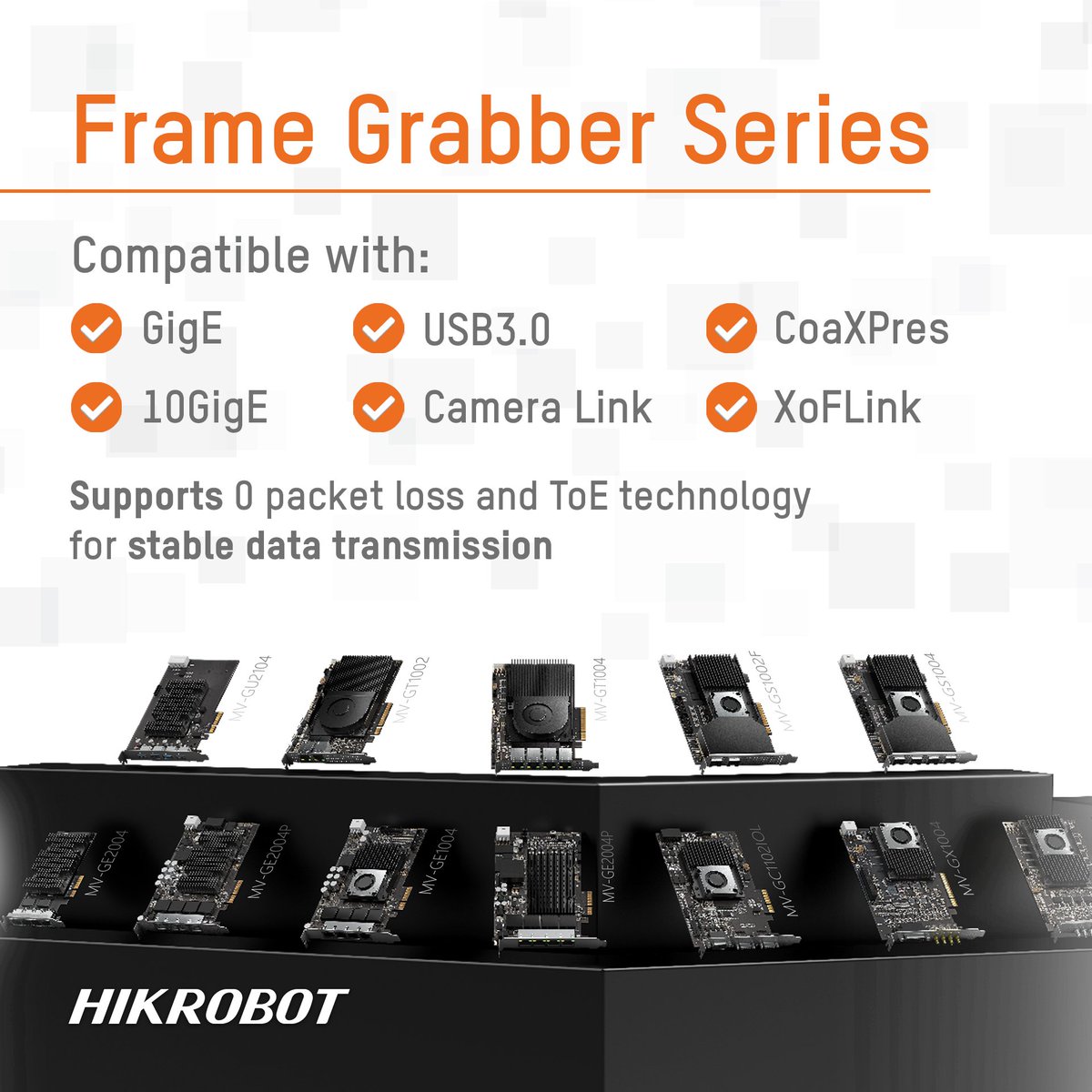 Hikrobot1's tweet image. Unlock the full potential of your machine vision systems with #Hikrobot’s frame grabber solutions, designed to support the latest protocols: GigE, 10GigE, USB3.0, CameraLink, CoaXPress and XoFLink interfaces, supporting 0 packet loss and ToE tech for stable data transmission.
