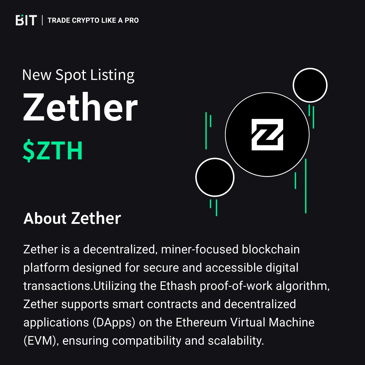 🚀 New Spot Listing: #Zether $ZTH is live on BIT! 

🛜A decentralized, miner-focused platform for secure digital transactions. 

📲Trade now and experience the power of #Ethereum compatibility
👉 Bit.com/Download

@ZetherOrg #ZETHER #POW #Ethash #BIT #Newlisting #Crypto
