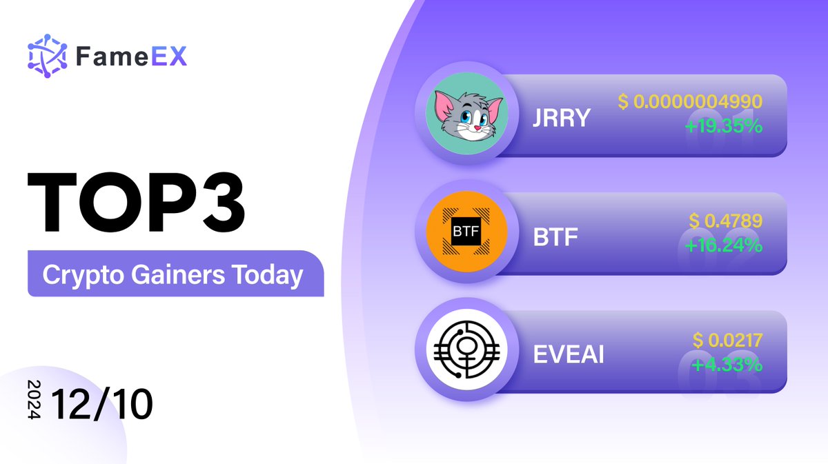 FameEXGlobal's tweet photo. 🏆 FameEX Top 3 Gainers Today
1️⃣ $JRRY: +19.35%
2️⃣ $BTF: +16.24%
3️⃣ $EVEAI: +4.33%
👉 Trade now: https://t.co/UV3xwEb7ym 👈
@JerryOnKaspa
@iepool2miners
@_EveAI
$LUIGI $APPLE #PROFITH $JAIL #FARTCOIN #GRIFFAIN $VENTI $DAGO $MIKO #CHILLGUY #ZEREBRO $POPCAT $WIF $FWOG $GOAT $BOME $REALIS $PNUT #NOTDEMURE $PENGU $PRAWN $SORAI $ALCH $JEFF #MOODENG $LSD #DOGEMAS $WILLOW $APT $DOGE $LUCE