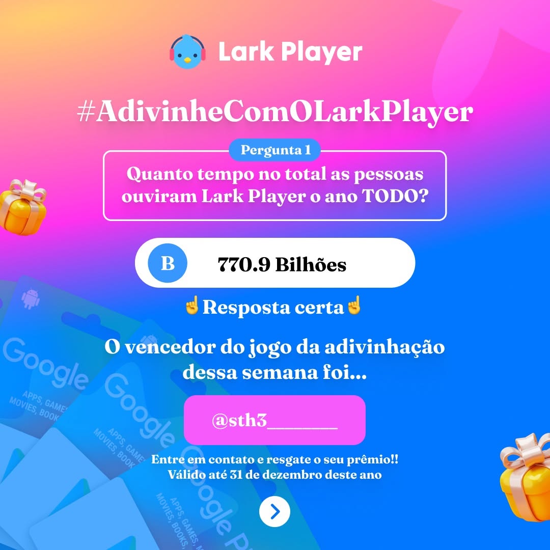 LarkPlayer's tweet photo. 🎉 Parabéns ao vencedor! 🏆✨
🔔 Não se preocupem, tem mais por vir! Fiquem ligados, o próximo concurso pode ser seu! 😎
Pesquise por memórias 2024 no Lark Player para obter sua retrospectiva 2024 🔍🐦
#larkplayer #musicplayer #larkplayermemories https://t.co/WYa2CfAKAd