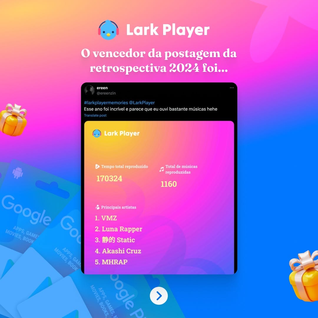LarkPlayer's tweet photo. 🎉 Parabéns ao vencedor! 🏆✨
🔔 Não se preocupem, tem mais por vir! Fiquem ligados, o próximo concurso pode ser seu! 😎
Pesquise por memórias 2024 no Lark Player para obter sua retrospectiva 2024 🔍🐦
#larkplayer #musicplayer #larkplayermemories https://t.co/WYa2CfAKAd