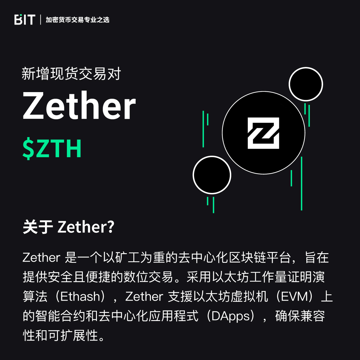 🚀 #BIT交易所新增#Zether $ZTH 现货交易对！ ⛏️一个以矿工为重的去中心化平台，保障安全便捷的数字交易。 👉 立即到BIT App  交易📲 https://t.co/Lk83Gav5j9 @