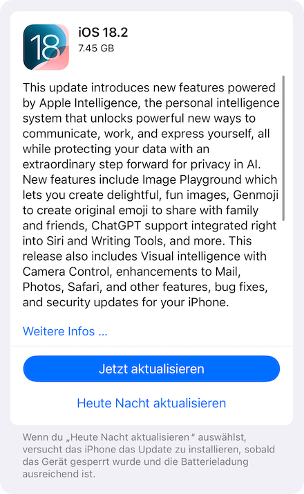 DrBuho_DE's tweet photo. Apple hat die RC.2 Verison von iOS 18.2 und iPadOS 18.2 veröffentlicht, was bedeutet, dass sich der offizielle Start verzögert hat und voraussichtlich noch in dieser Woche veröffentlicht wird. #iOS182RC #iOS182 https://t.co/3nQQt5XA7A