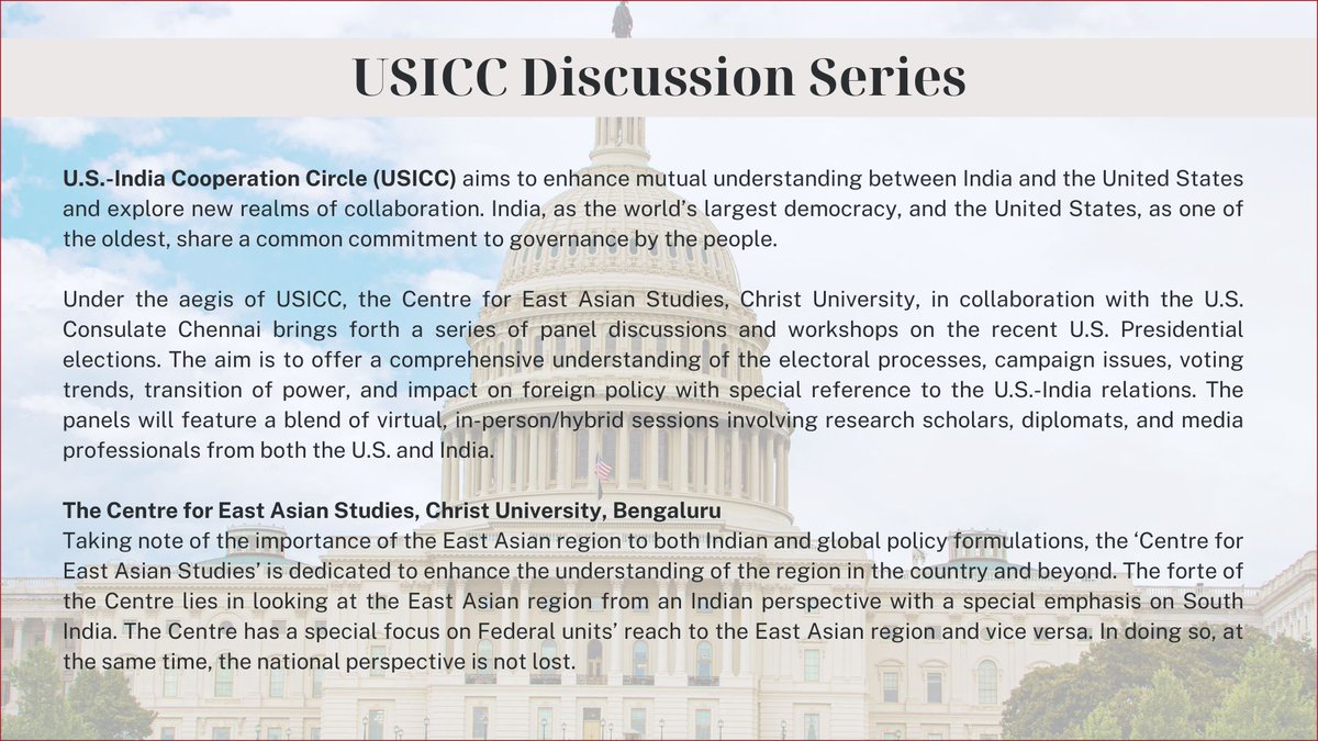 The Centre for East Asian Studies, Christ University in collaboration with the U.S. Consulate General Chennai under the aegis of USICC presents Panel Discussion on 'Decoding the U.S. Elections: Voting Trends, Issues and Systems' on 12 December 2024.

Scan the QR code to register!