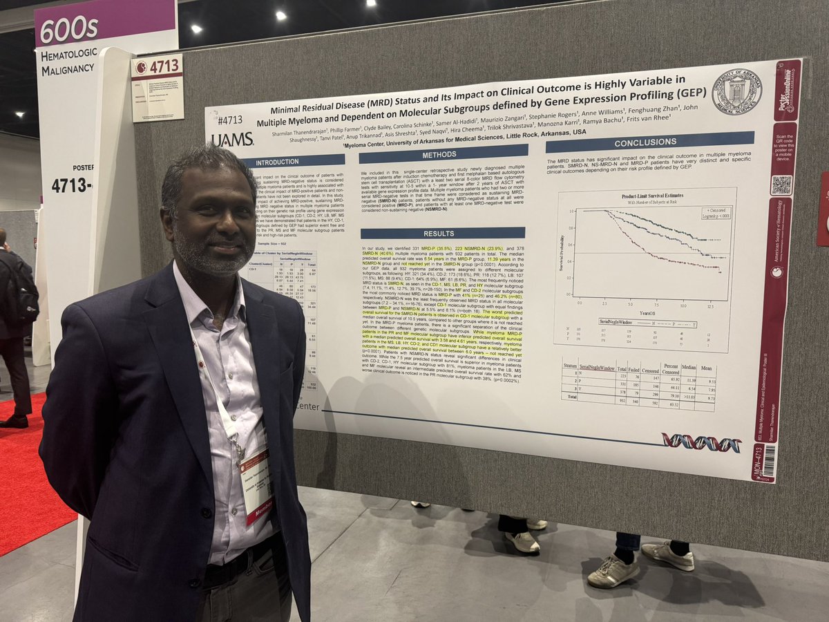 Come check poster 4713 #ASH24 #mmsm <a href="/ASH_hematology/">ASH</a> 

Sharmilan work on MRD and impact on clinical outcomes

The only poster with hand made highlights 

Come check it out 

<a href="/UAMSMyeloma/">UAMS Myeloma Center</a>