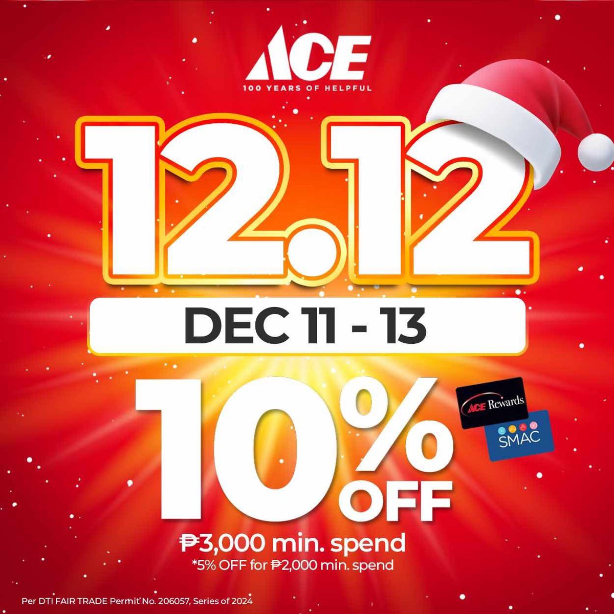 SMCityBaliwag's tweet image. 'Tis the season to save! 🎅 Get 10% OFF at the ACE 12.12 Sale from Dec 11-13 with ₱3000 min spend for ACE Rewards and SMAC members. 
Don’t miss out: tinyurl.com/2f22rc77​
#ACEHardwarePH #ACEHelpful
