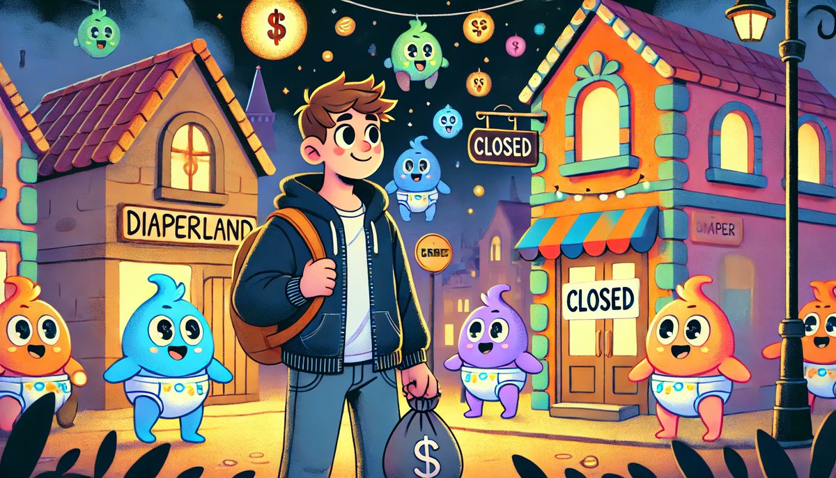 DIAP_COIN's tweet photo. The dad returns to Diaperland under the glow of pastel streetlights, bag of coins in hand. The diaper store is closed, but the friendly locals guide him to a cozy inn to rest up for tomorrow. The journey continues at dawn! 🌙🛌 $DIAP $RAY $SOL #crypto #memcoin #raydium https://t.co/XcABVt3W6i
