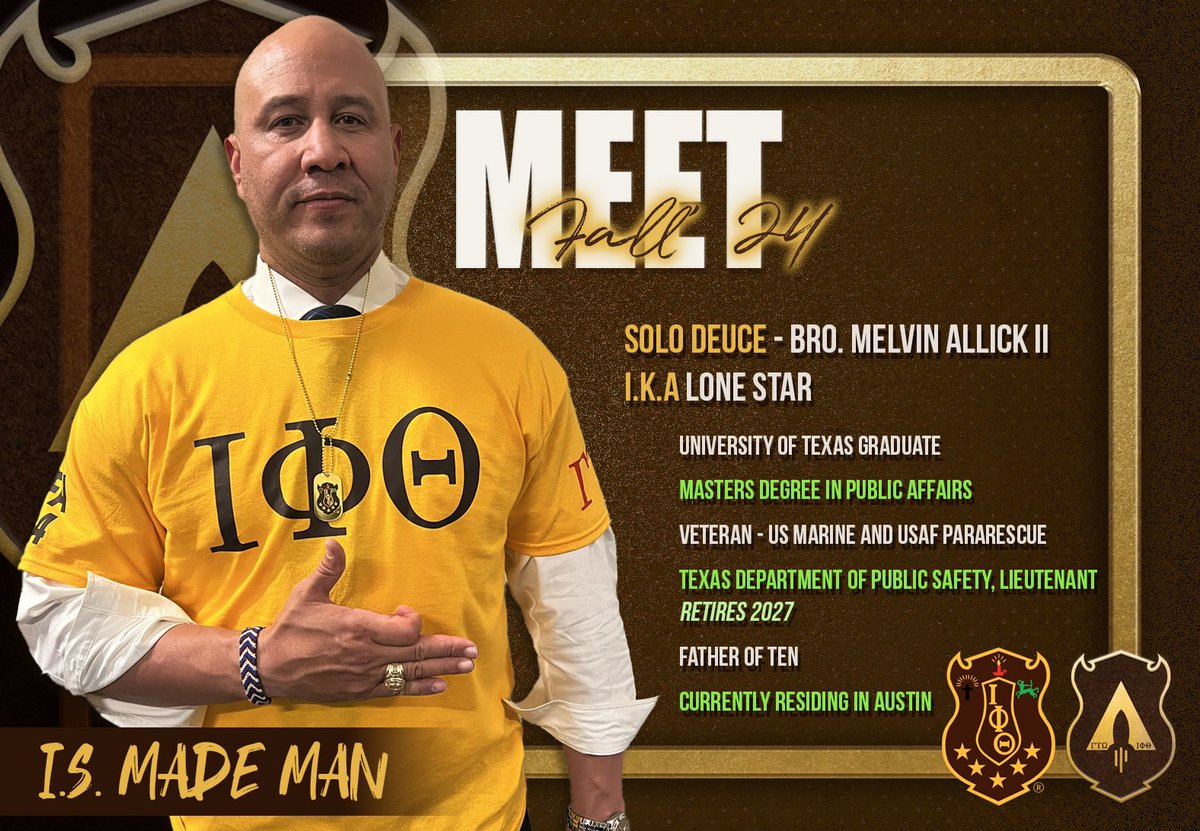SpaceCityIotas's tweet image. We proudly present the Gamma Upsilon Omega FA’ 24, Solo Deuce: 

Bro. Melvin Allick II, 
Brother Lone Star
I.S. Made Man

Welcome to La Familia! 

#GammaUpsilonOmega #IotaPhiTheta #Ipt1963