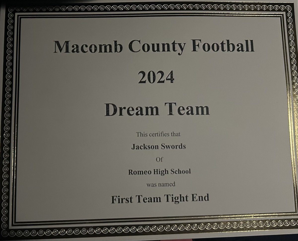 Jackson Swords (@jswords26) on Twitter photo Blessed to be named First Team All Macomb County Dream Team! <a href="/RomeoFootball/">RomeoFootball</a> <a href="/MacombCoaches/">Macomb County Football Coaches Association</a> <a href="/CoachCWhitehead/">Clay Whitehead</a> <a href="/CoachEdwards_R/">Coach Ryan Edwards</a> <a href="/CoachDLew20/">Davis Lewandowski</a> <a href="/CoachBaney/">Derrick Baney</a> <a href="/CoachCouchAlma/">Jason Couch</a> Blessed to be named First Team All Macomb County Dream Team! <a href="/RomeoFootball/">RomeoFootball</a> <a href="/MacombCoaches/">Macomb County Football Coaches Association</a> <a href="/CoachCWhitehead/">Clay Whitehead</a> <a href="/CoachEdwards_R/">Coach Ryan Edwards</a> <a href="/CoachDLew20/">Davis Lewandowski</a> <a href="/CoachBaney/">Derrick Baney</a> <a href="/CoachCouchAlma/">Jason Couch</a>
