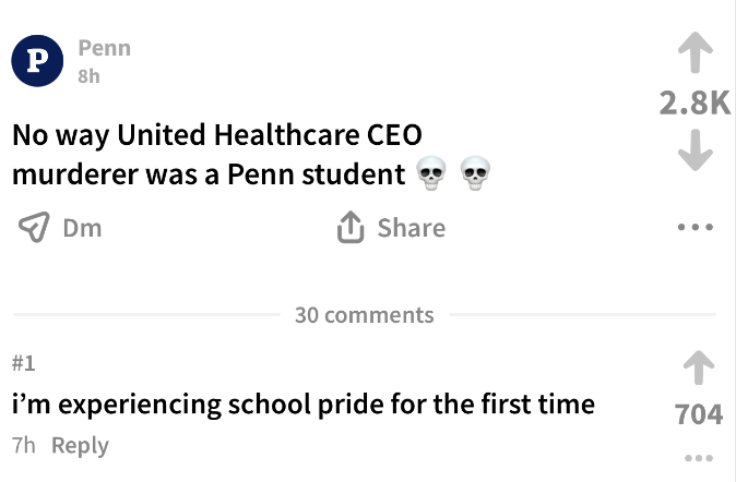 EYakoby's tweet photo. DISGUSTING: On an anonymous UPenn platform, 704 students liked a post saying they felt "school pride for the first time" after learning the UnitedHealthcare CEO's killer attended Penn.

UPenn inculcates extremism. This is what's become of America's universities. https://t.co/MRBf57Rhka