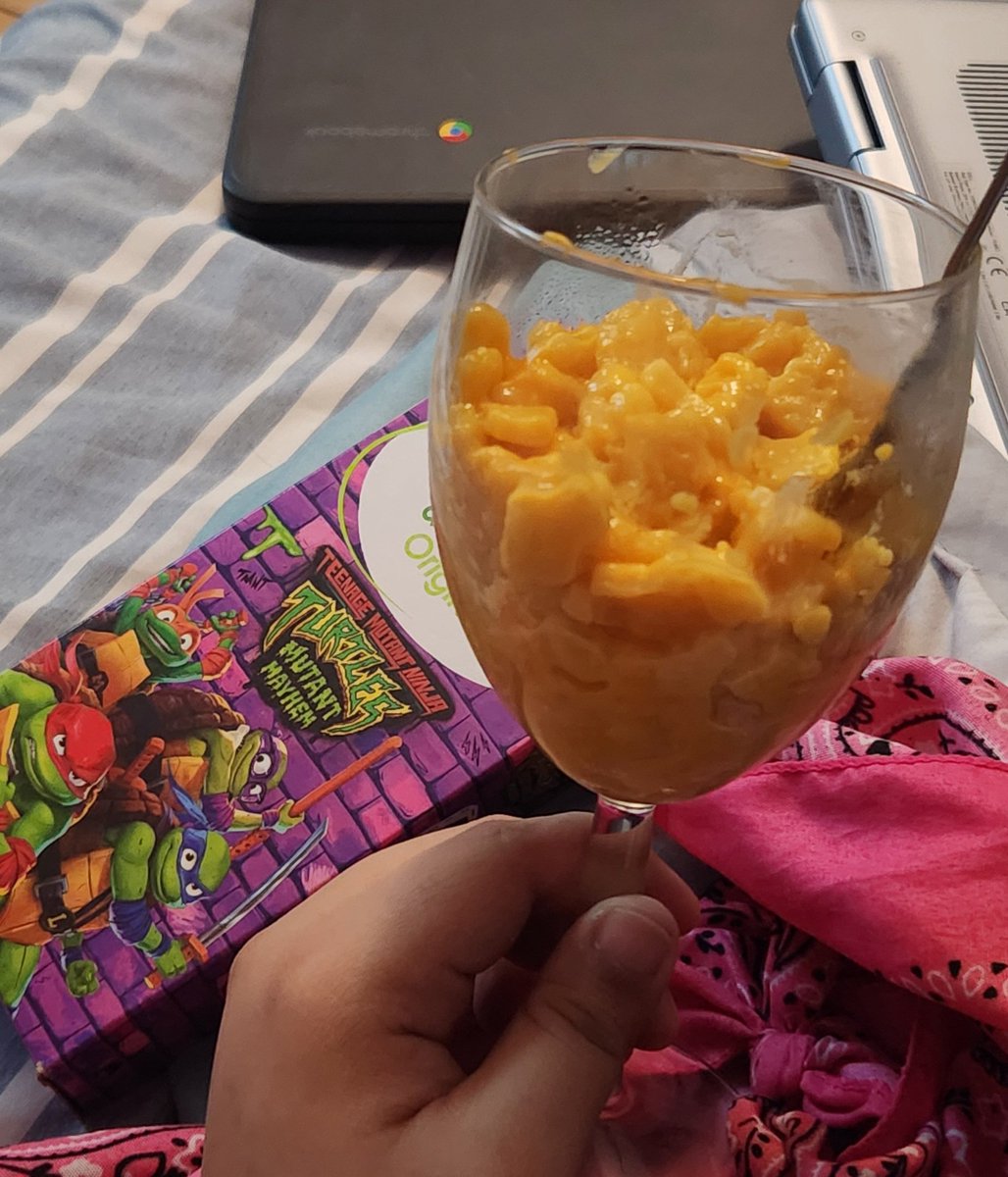 This is a reminder that you have free will and nothing is stopping you from eating ninja turtle mac-n-cheese out of a wine glass