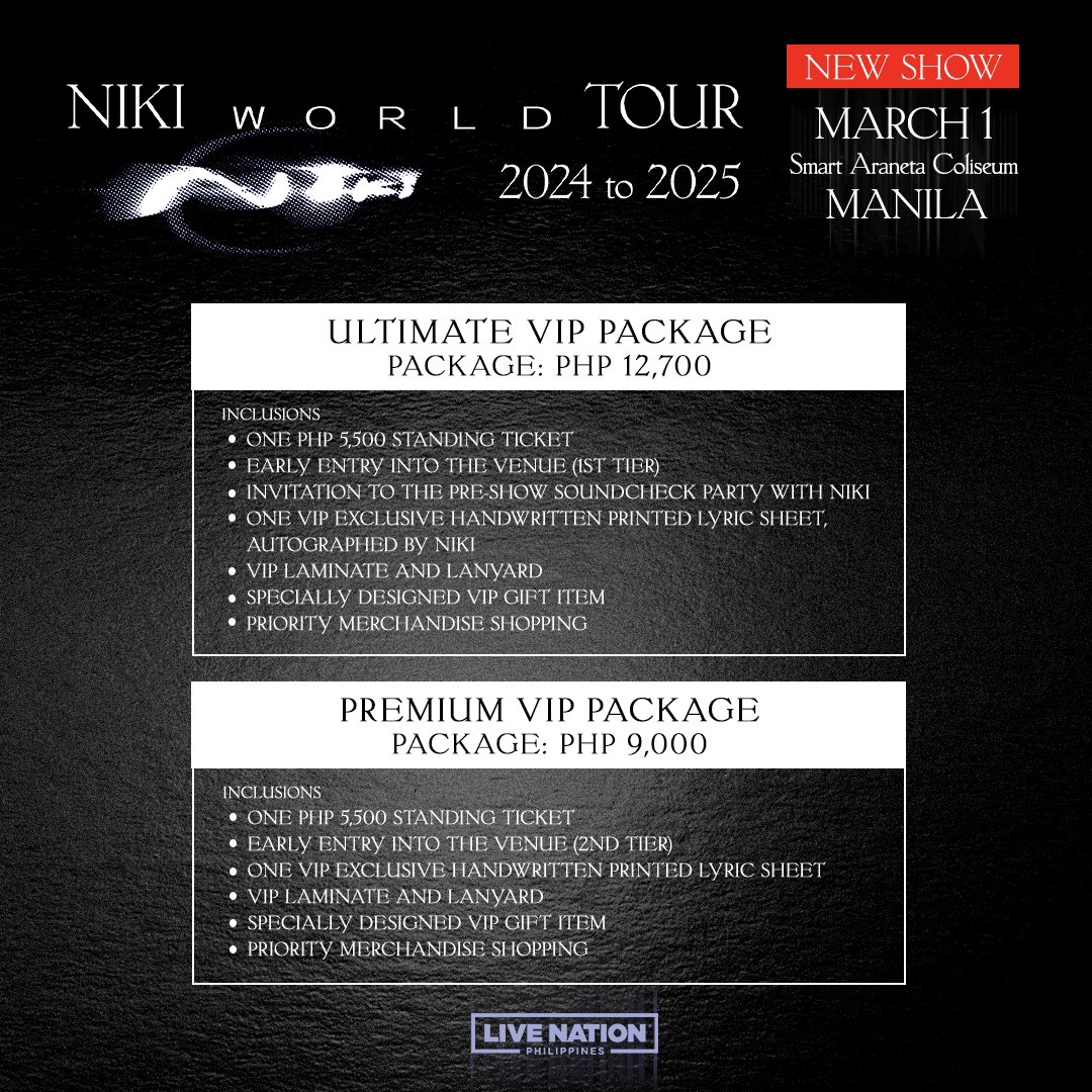 livenationph's tweet photo. Announcement, Moonchildren! 🤍

Due to the sold-out February 11 and 12 shows at SM Mall of Asia Arena, we’re adding an extra date for the NIKI: Buzz World Tour in Manila! 

🚫SOLDOUT SHOWS
📆February 11 & 12, 2025
📍SM Mall Of Asia Arena

🌟ADDED SHOW
📆March 1, 2025
📍Smart Araneta Coliseum

💫Artist Presale: December 12, Thu, 10AM -12PM. Visit https://t.co/eW3c65i6JX for more details 

✨General Onsale: December 12, Thu, 12pm via https://t.co/i8E3P2Vnxm or TicketNet outlets

#NIKIWorldTourPH