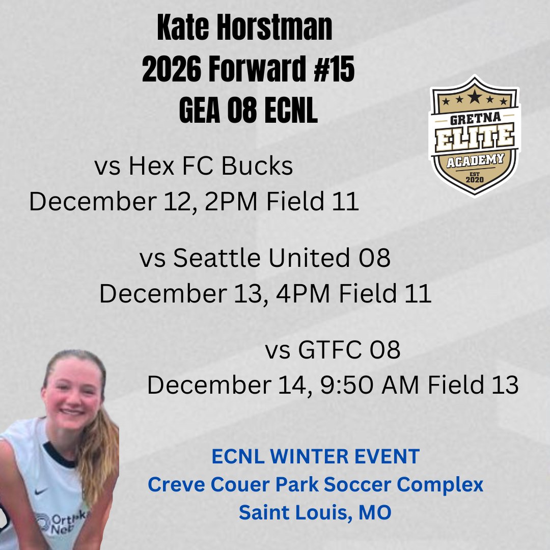 So excited for ECNL St Louis! Just a few days to go! Would love to see you at our games! <a href="/Gretna08ECNL/">GEA 08G ECNL</a> <a href="/ImYouthSoccer/">ECNL/GA/Recruiting/College Soccer</a> <a href="/JonBrezenski/">Jon Brezenski</a>