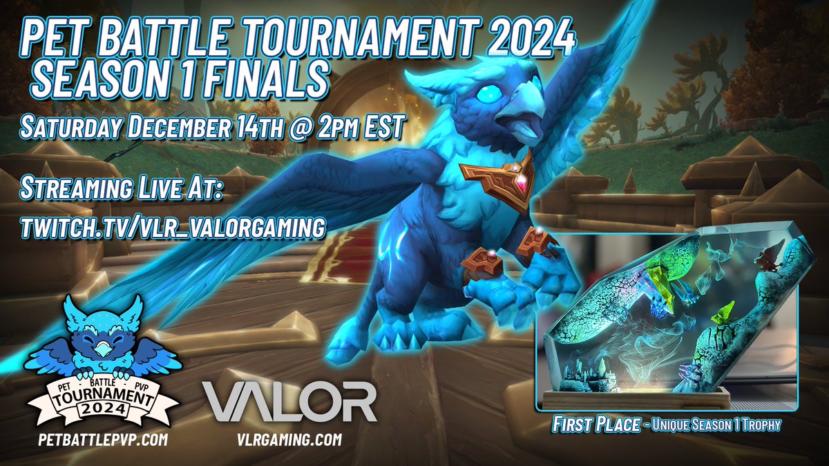 This Weekend come Watch the Season 1 Finals of EU vs. NA @ twitch.tv/vlr_valorgaming
#worldofwarcraft #eSports #petbattles #battlepets
#worldofpvp <a href="/Blizzard_Ent/">Blizzard Entertainment</a> <a href="/VLR_VALORGAMING/">VALOR</a> <a href="/BlizzardDev/">Blizzard Dev-Team</a> 
December 14th, 2pm EST