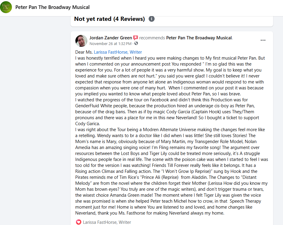 Larissa Fasthorse is an Angel We talked a lot since the post mentioned in the review She's made me feel like a Human! #NotYourTigerLily the letter is too long for ALT Text, which frustrates me! #RepresentHer